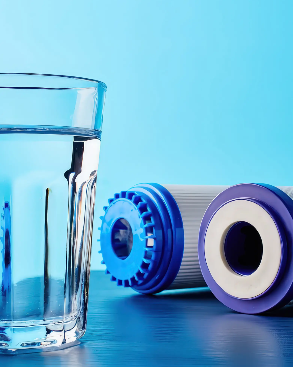 Ein Wasserglas mit zwei Filtern im Hintergrund